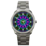 Star Of Leaves, Abstract Magenta Green Forest Sport Metal Watch Star Of Leaves, Abstract Magenta Green Forest Sport Metal Watch