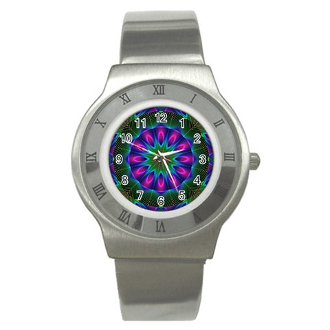 Star Of Leaves, Abstract Magenta Green Forest Stainless Steel Watch (Slim) from ArtsNow.com Front