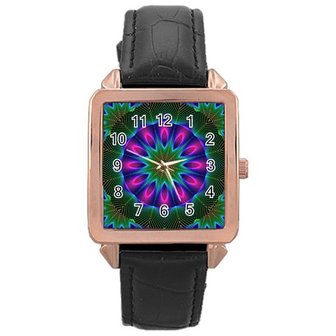Star Of Leaves, Abstract Magenta Green Forest Rose Gold Leather Watch  from ArtsNow.com Front