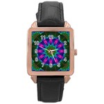 Star Of Leaves, Abstract Magenta Green Forest Rose Gold Leather Watch Star Of Leaves, Abstract Magenta Green Forest Rose Gold Leather Watch