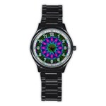 Star Of Leaves, Abstract Magenta Green Forest Sport Metal Watch (Black)