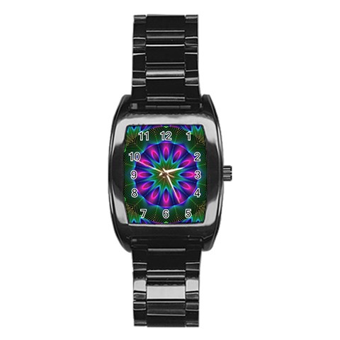 Star Of Leaves, Abstract Magenta Green Forest Stainless Steel Barrel Watch from ArtsNow.com Front