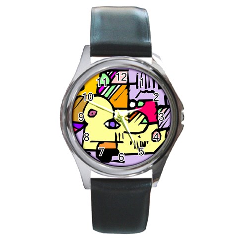 Fighting The Fog Round Leather Watch (Silver Rim) from ArtsNow.com Front