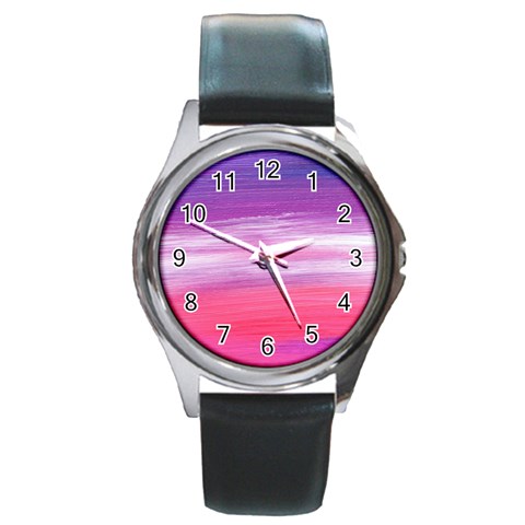 Abstract In Pink & Purple Round Leather Watch (Silver Rim) from ArtsNow.com Front