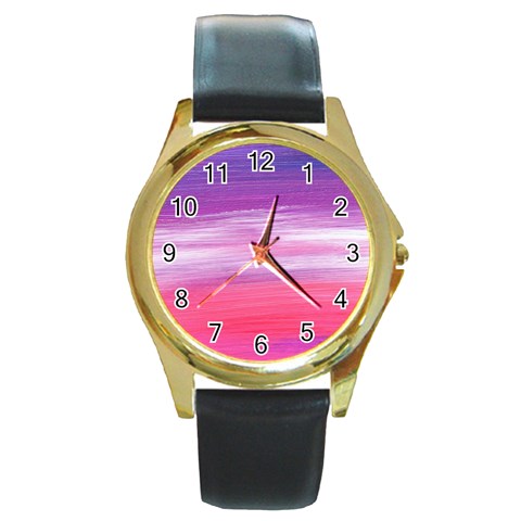 Abstract In Pink & Purple Round Leather Watch (Gold Rim)  from ArtsNow.com Front