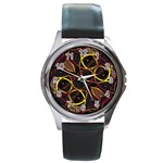 Luxury Futuristic Ornament Round Leather Watch (Silver Rim)