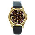 Luxury Futuristic Ornament Round Leather Watch (Gold Rim) 