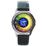 Eerie Psychedelic Eye Round Leather Watch (Silver Rim)