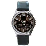 Skull Poster Background Round Leather Watch (Silver Rim)