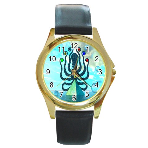 Star Nation Octopus Round Gold Metal Watch from ArtsNow.com Front