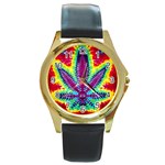 purple sweet leaf Round Gold Metal Watch