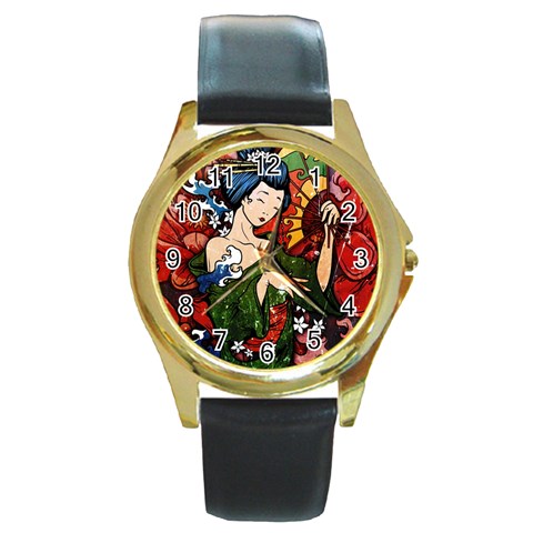 Geisha Round Gold Metal Watch from ArtsNow.com Front