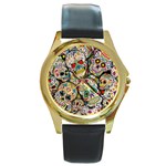 Sugar Skull Collage Round Gold Metal Watch