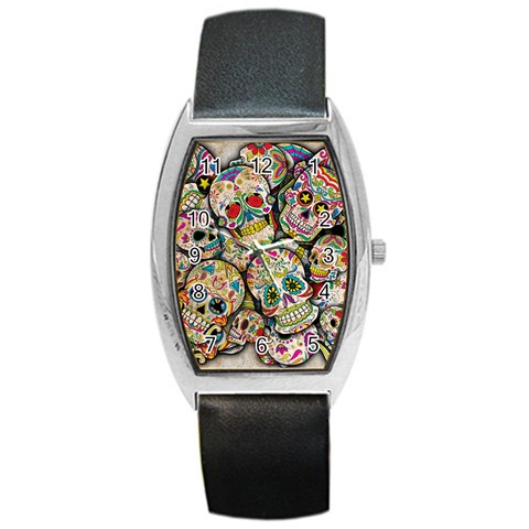 Sugar Skull Collage Barrel Style Metal Watch from ArtsNow.com Front
