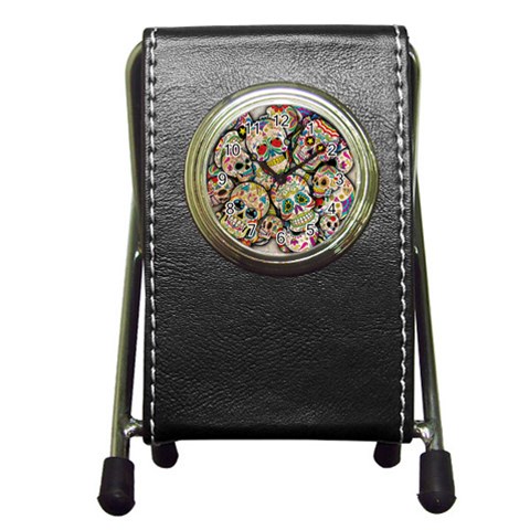 Sugar Skull Collage Pen Holder Desk Clock from ArtsNow.com Front