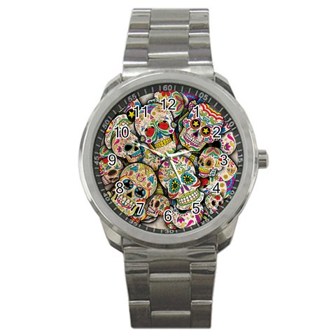 Sugar Skull Collage Sport Metal Watch from ArtsNow.com Front