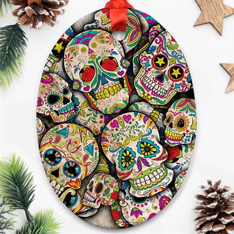 Sugar Skull Collage Oval Ornament (Two Sides) from ArtsNow.com Front
