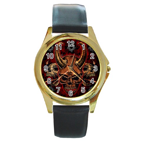 Evil Skulls Round Gold Metal Watch from ArtsNow.com Front