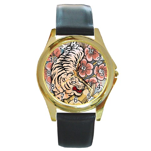 White Tiger Round Gold Metal Watch from ArtsNow.com Front