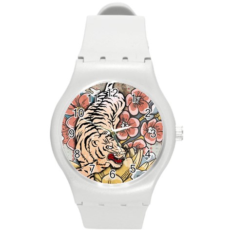 White Tiger Round Plastic Sport Watch Medium from ArtsNow.com Front