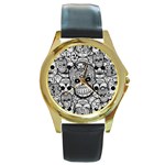 Sugar Skulls   Black And White Round Gold Metal Watch