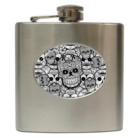Sugar Skulls   Black And White Hip Flask (6 oz) from ArtsNow.com Front