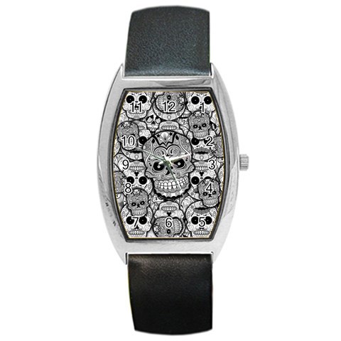 Sugar Skulls   Black And White Barrel Style Metal Watch from ArtsNow.com Front