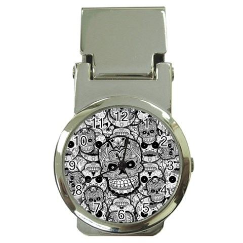 Sugar Skulls   Black And White Money Clip Watch from ArtsNow.com Front
