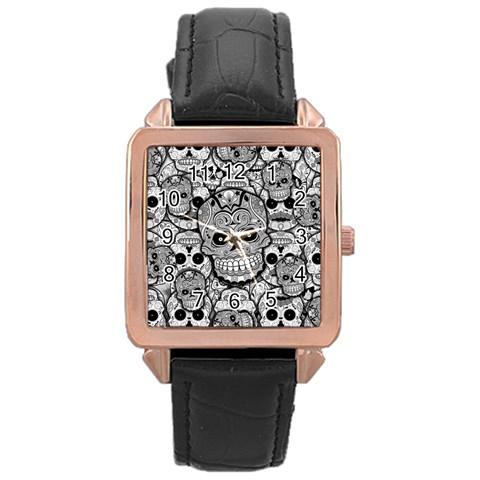 Sugar Skulls   Black And White Rose Gold Leather Watch  from ArtsNow.com Front