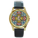 Sugar Skulls   Patterned Round Gold Metal Watch