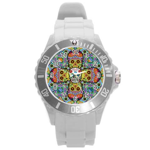 Sugar Skulls   Patterned Round Plastic Sport Watch Large from ArtsNow.com Front