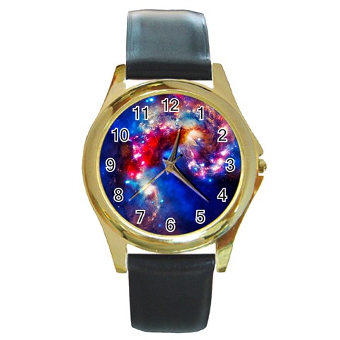 Colorful Cosmos Round Gold Metal Watch from ArtsNow.com Front