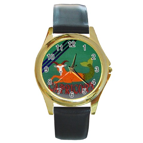 Capricorn Round Gold Metal Watch from ArtsNow.com Front