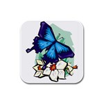 Blue Butterfly on Flower Rubber Square Coaster (4 pack)