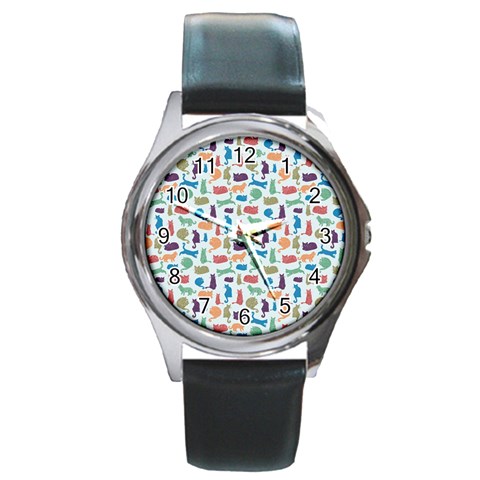 Blue Colorful Cats Silhouettes Pattern Round Metal Watches from ArtsNow.com Front