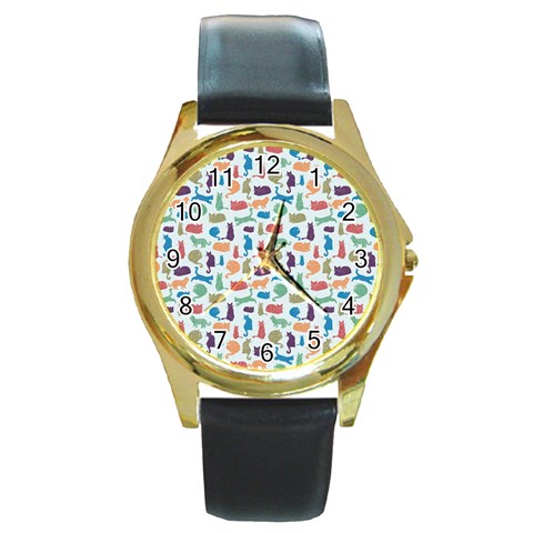Blue Colorful Cats Silhouettes Pattern Round Gold Metal Watches from ArtsNow.com Front