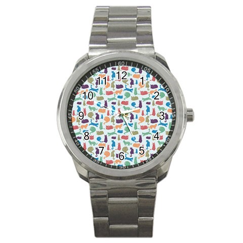 Blue Colorful Cats Silhouettes Pattern Sport Metal Watches from ArtsNow.com Front