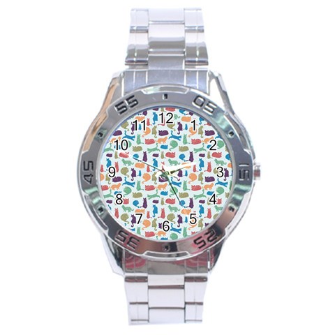 Blue Colorful Cats Silhouettes Pattern Stainless Steel Men s Watch from ArtsNow.com Front