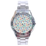 Blue Colorful Cats Silhouettes Pattern Stainless Steel Men s Watch