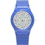 Blue Colorful Cats Silhouettes Pattern Round Plastic Sport Watch (S)