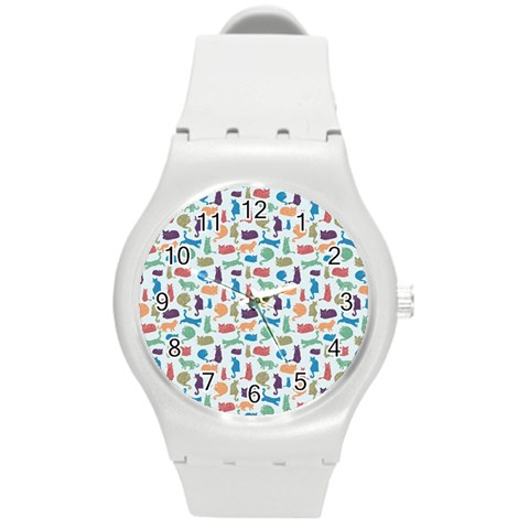 Blue Colorful Cats Silhouettes Pattern Round Plastic Sport Watch (M) from ArtsNow.com Front
