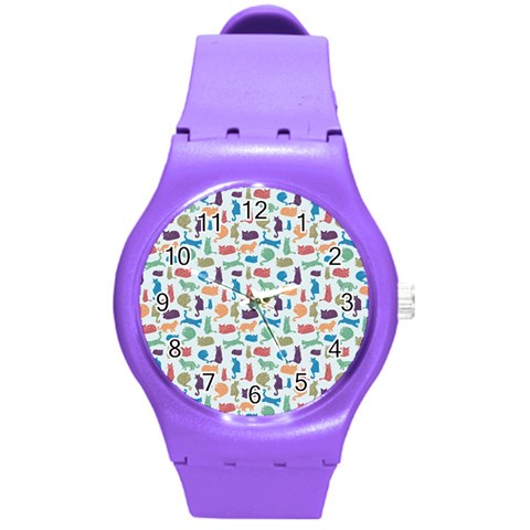Blue Colorful Cats Silhouettes Pattern Round Plastic Sport Watch (M) from ArtsNow.com Front