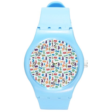 Blue Colorful Cats Silhouettes Pattern Round Plastic Sport Watch (M) from ArtsNow.com Front