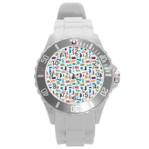 Blue Colorful Cats Silhouettes Pattern Round Plastic Sport Watch (L) from ArtsNow.com Front