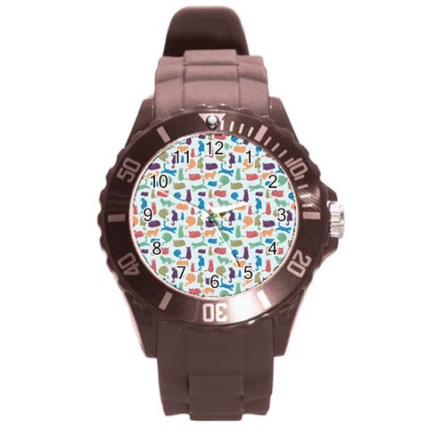 Blue Colorful Cats Silhouettes Pattern Round Plastic Sport Watch (L) from ArtsNow.com Front
