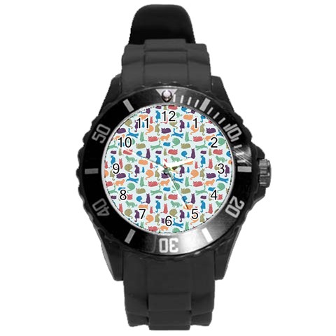 Blue Colorful Cats Silhouettes Pattern Round Plastic Sport Watch (L) from ArtsNow.com Front