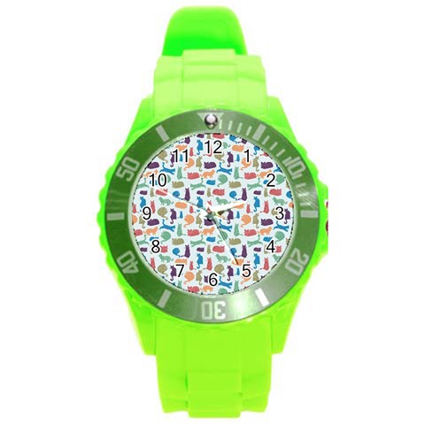 Blue Colorful Cats Silhouettes Pattern Round Plastic Sport Watch (L) from ArtsNow.com Front