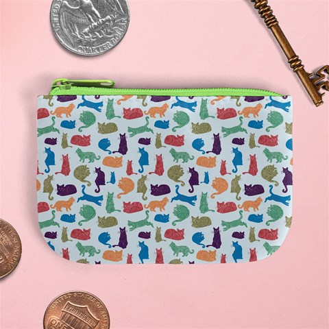 Blue Colorful Cats Silhouettes Pattern Mini Coin Purses from ArtsNow.com Front