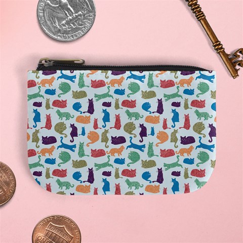 Blue Colorful Cats Silhouettes Pattern Mini Coin Purses from ArtsNow.com Front