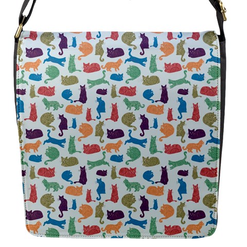 Blue Colorful Cats Silhouettes Pattern Flap Messenger Bag (S) from ArtsNow.com Front